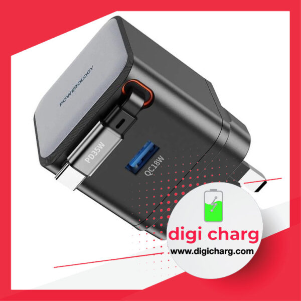 شارژر دیواری 35 وات همراه با کابل جمعشونده پاورولوژی مدل Powerology PWCUQC032